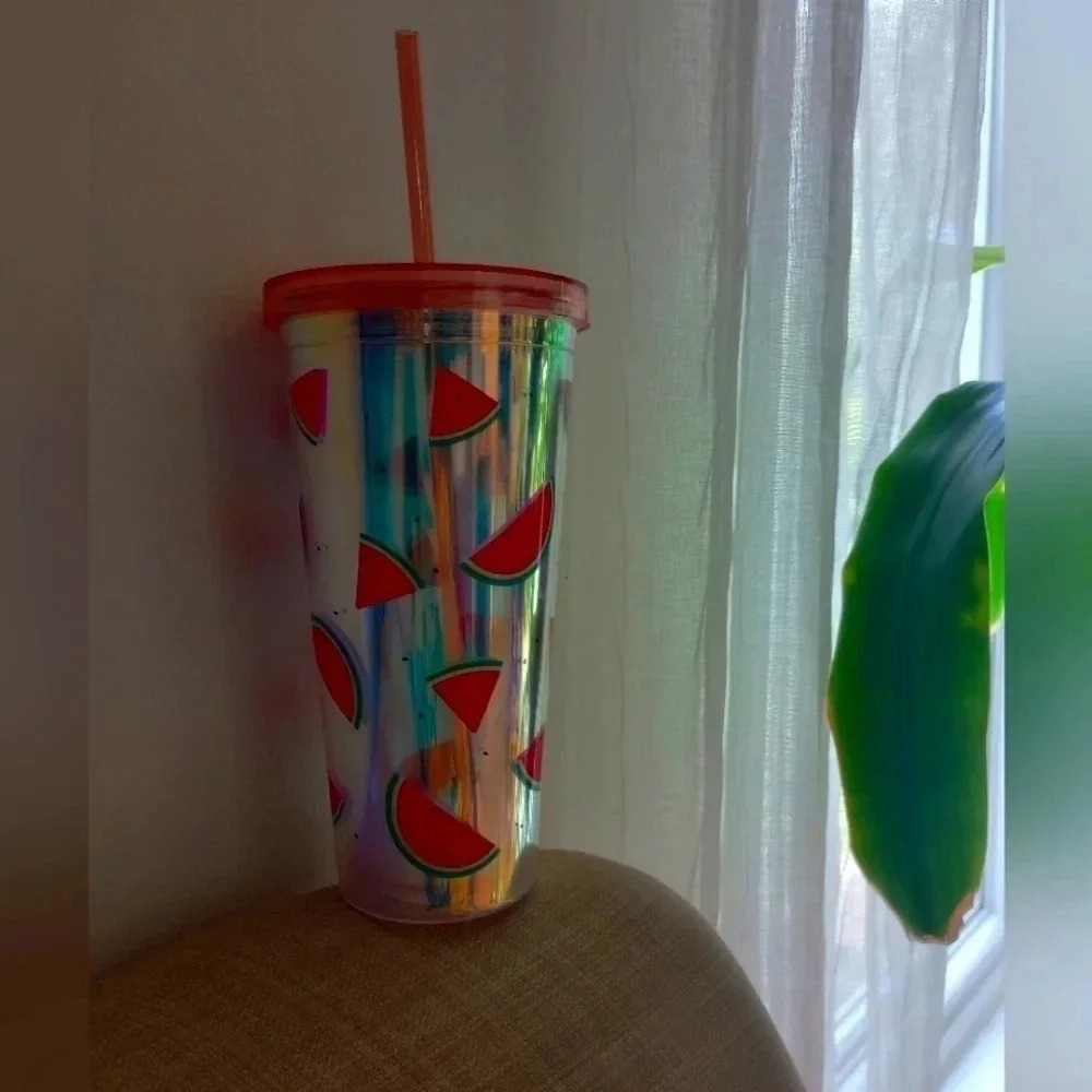 Chrome style anti leak cup large straw lid watermelon 🍉 pink green rainbow colo
